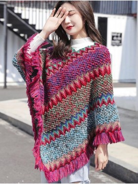 Boho Aztec Poncho W/ Fringes 